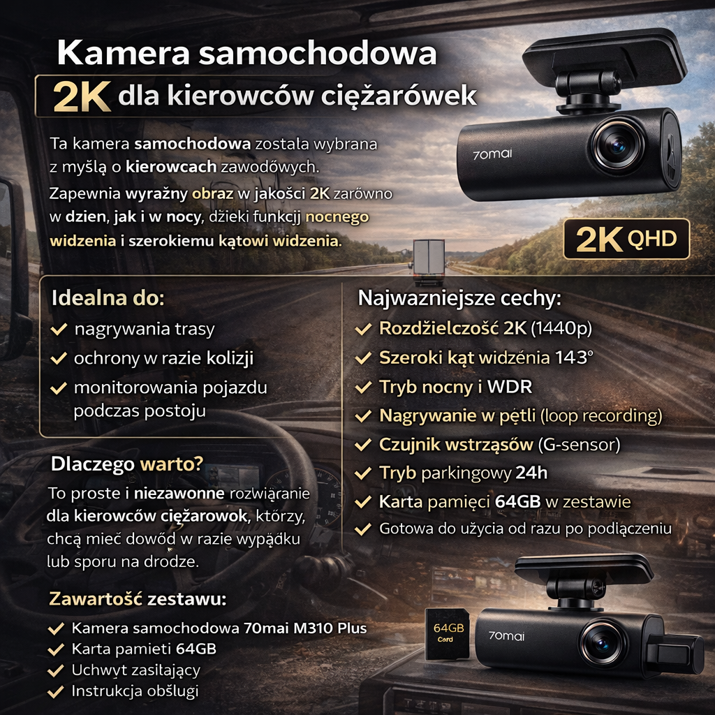 Kamera samochodowa 2K do ciężarówek - 70mai M310 plus z kartą 64 GB