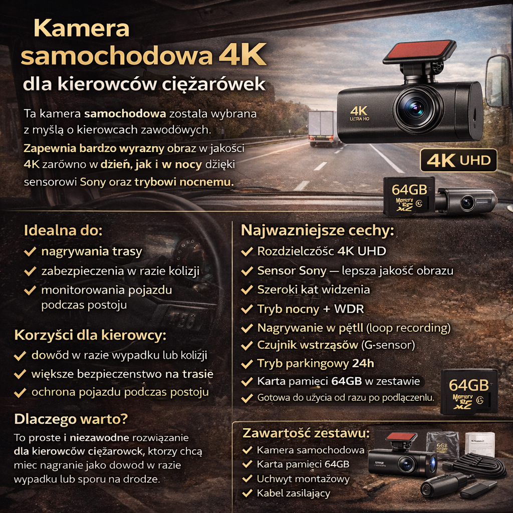Kamera samochodowa do ciężarówek 4K z czujnikiem Sony, noktowizorem + 64 GB w zestawie